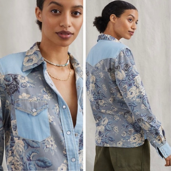 Anthropologie Tops - ANTHROPOLOGIE | Love The Label Snap Button Down Blue Floral Chambray Cotton